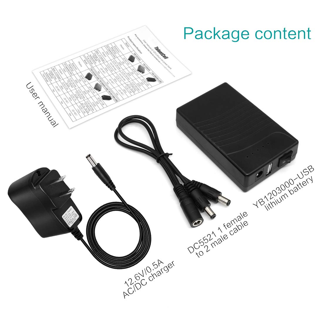 Batería Recargable de Ion de Litio 12V 3000mAh TalentCell Negra con Salida Dual para Tiras LED y Cámaras CCTV