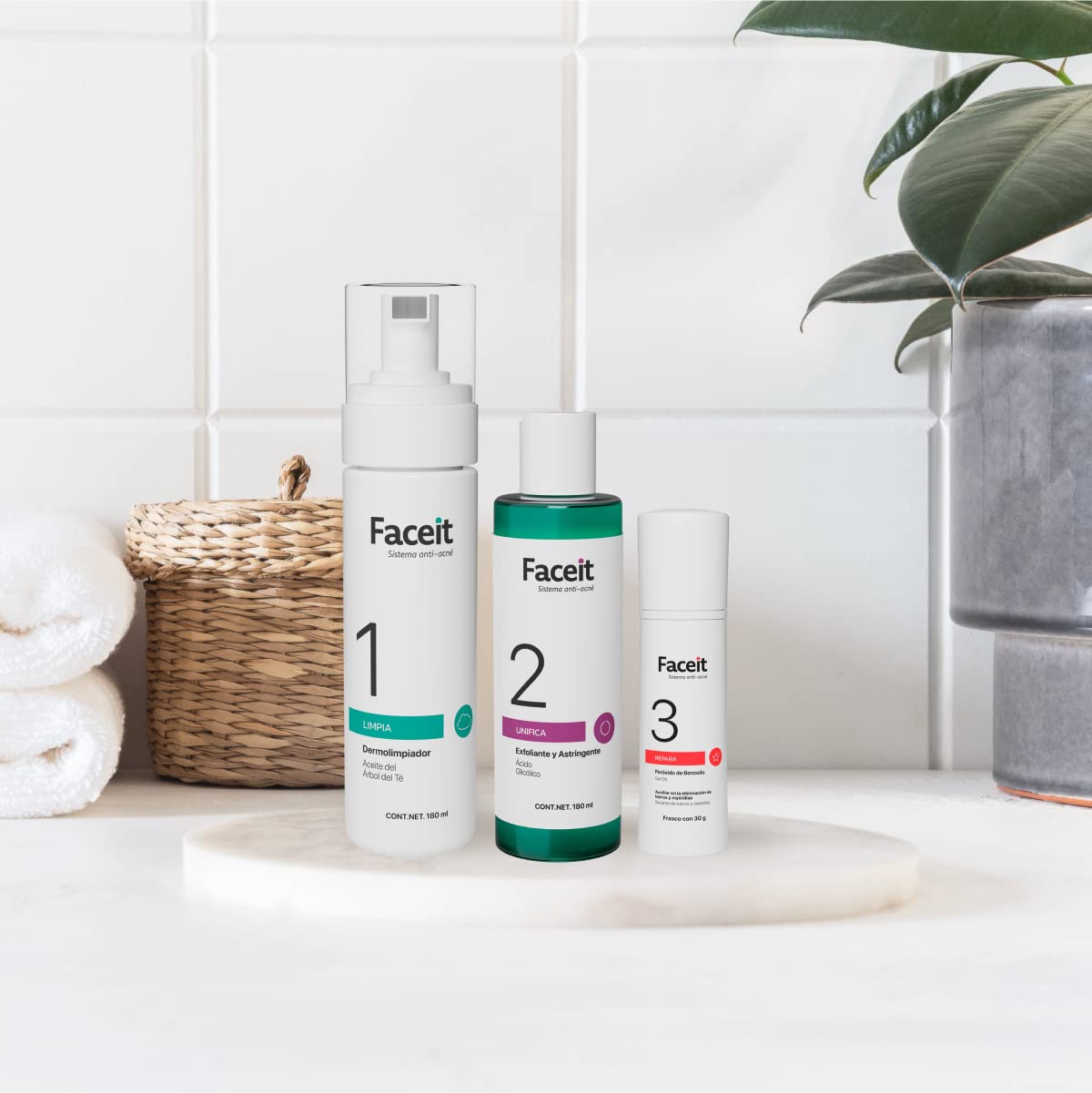 FACEIT Rutina para Combatir Acné de 3 Pasos: Limpia, Unifica y Repara tu Cara | Peróxido de Benzoílo 5% y Ácido Glicólico | Skincare | Acné Leve a Moderado | Sistema Antiacné Completo (Kit)
