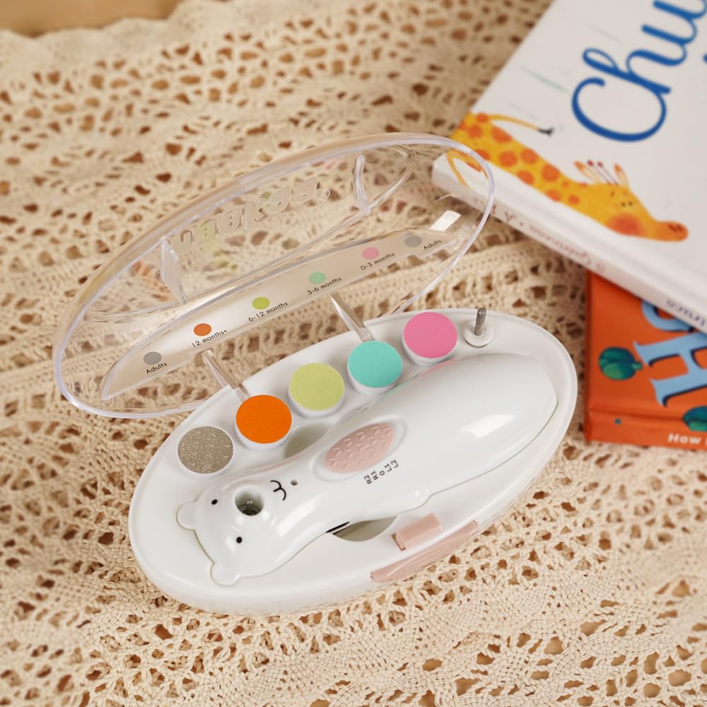 Haakaa Juego De Cortauñas Recargable Happii Bear: Cortauñas Eléctrico Para Bebés Y Lima De Uñas Para Bebés, Luces LED Silenciosas, Blanco, 1 Unidad (Paquete De 2)