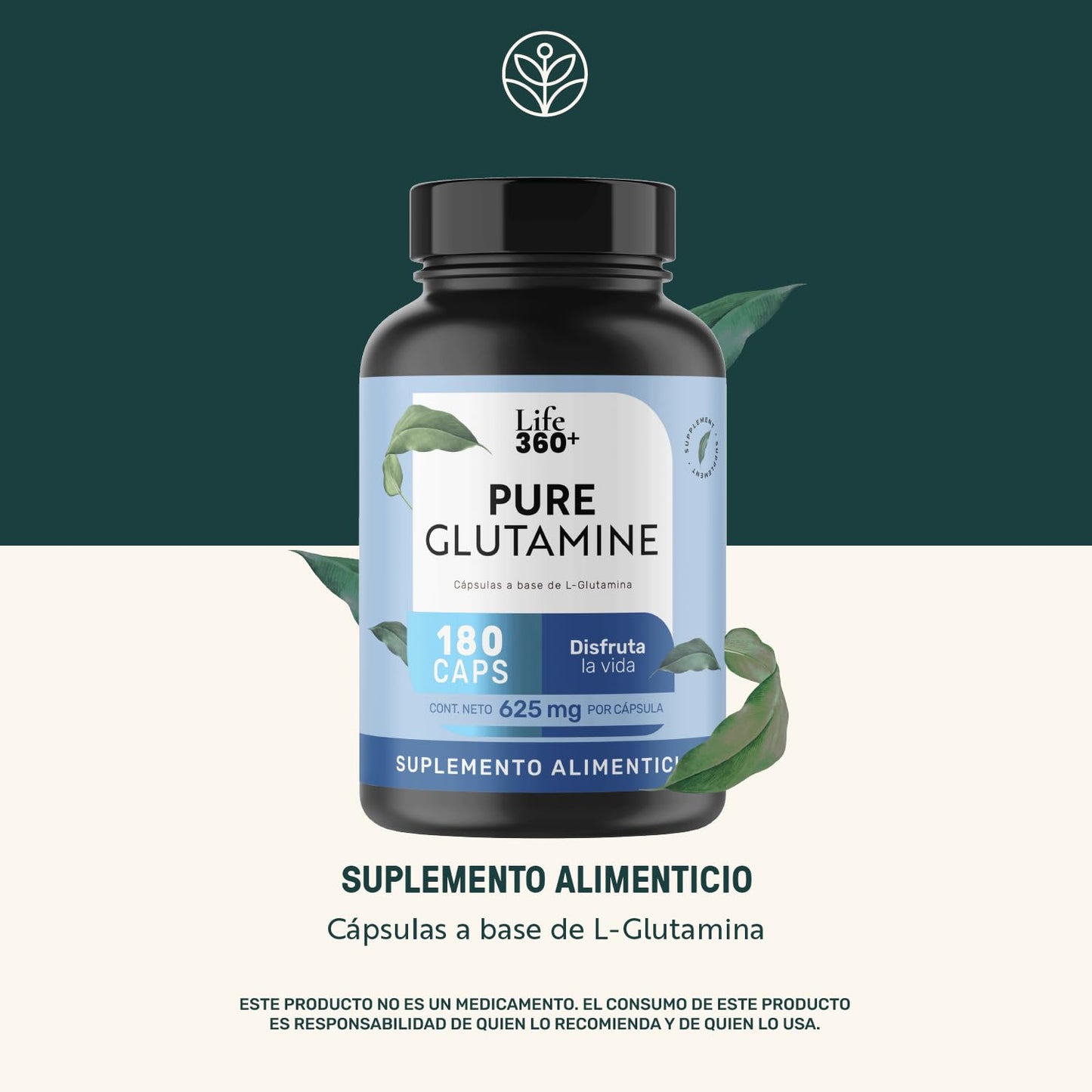 LIFE 360+ Pure Glutamine | 180 Cápsulas | L-Glutamina, Estearato de Magnesio | Suplemento Alimenticio en cápsulas a base de L-Glutamina | Cápsulas de Gelatina | Contenido total 180 porciones