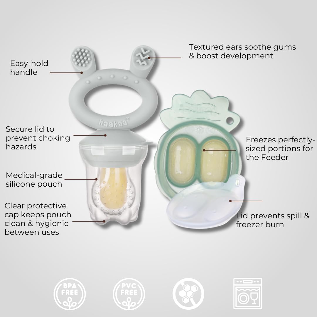 Haakaa Freeze-N-Feed Mini Combo con alimentador de alimentos de silicona y mini bandeja de silicona para picar | Alimentador de alimentos sólidos para bebés | Almacenamiento y alimentador de moldes