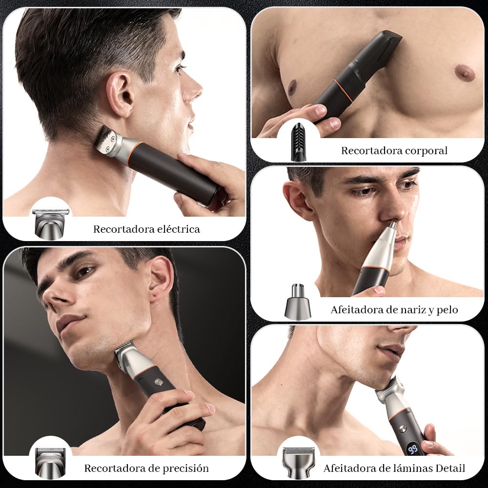 VOICEPTT Afeitadora Electrica y Barbero Eléctrico con Cabezal de Succión Magnético, 16 en 1 Kit de Rasurado para Hombre, Máquina para Cortar Cabello de Barba/Nariz/Pelo/Cara/Cuerpo, Carga Rápida USB y Base