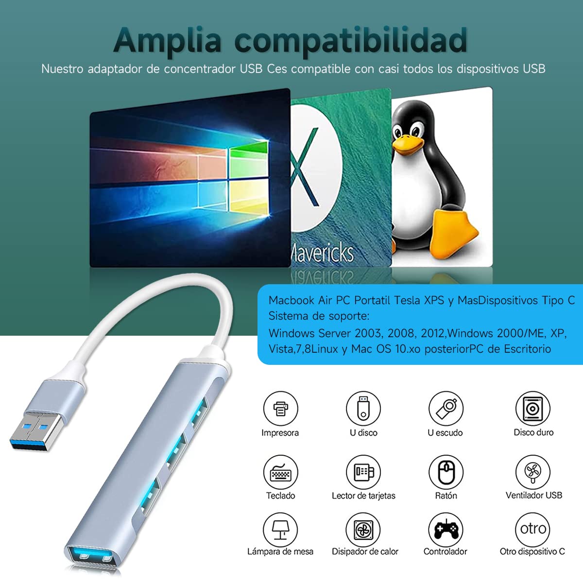 Hub USB Multipuerto, 4 en 1 Velocidad Ultra Alta Hub de Aluminio con Puertos USB 3.0, para Laptop o Cualquier Otro Sistema Operativo(USB Extension*1+Lector de Tarjetas USB*1)
