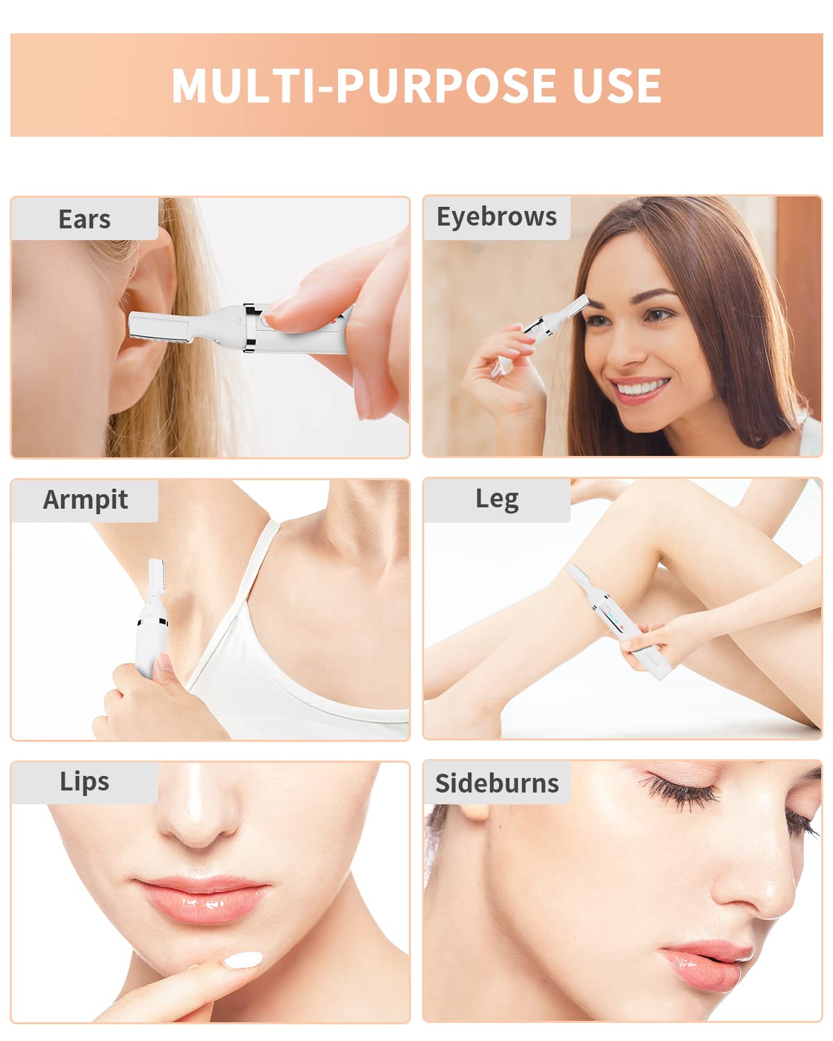 Cortadora de cejas, maquinilla de afeitar eléctrica de cejas para mujeres y hombres, recargable luz LED indolora, removedor de vello facial con cuchilla de repuesto para cara, labios, cuello, piernas