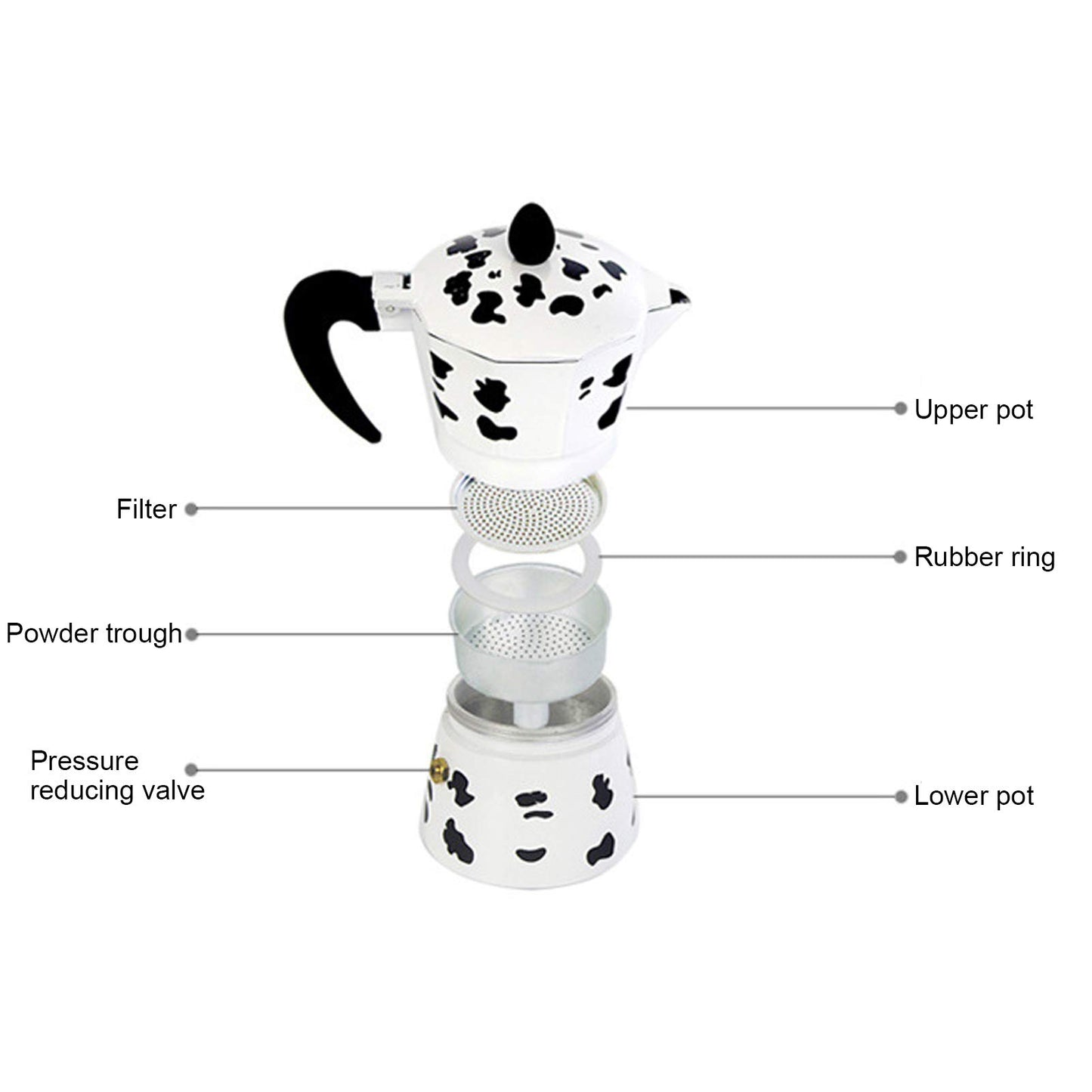Cafetera de Aluminio, Cafetera, Col Rafe de Vaca Lechera, Cafetera Segura y Cómoda de Usar para Cafetería Casera (3 Tazas de Vaca (3 tazas de color vaca 150ML)