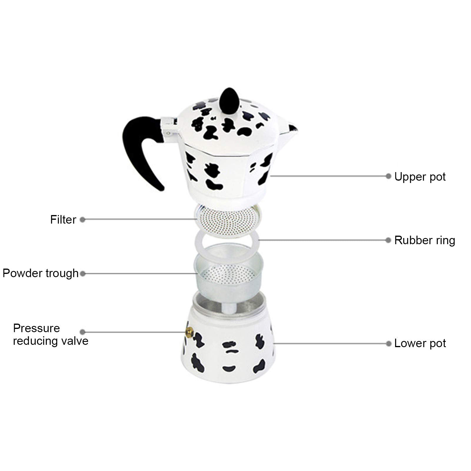 Cafetera de Aluminio, Cafetera, Col Rafe de Vaca Lechera, Cafetera Segura y Cómoda de Usar para Cafetería Casera (3 Tazas de Vaca (3 tazas de color vaca 150ML)
