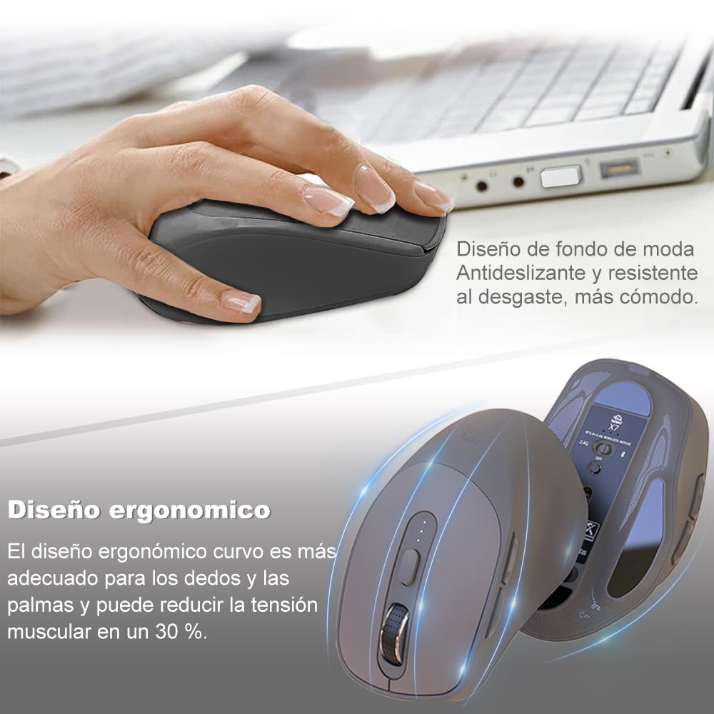 Free wolf X7 Mouse Inalámbrico, Mouse Bluetooth/2.4G Modos Dual, Ratón Recargable y Ergonómico con Indicador de Batería, Click Silencioso, para Computadora, Portátil, Tableta, Teléfono (Negro)