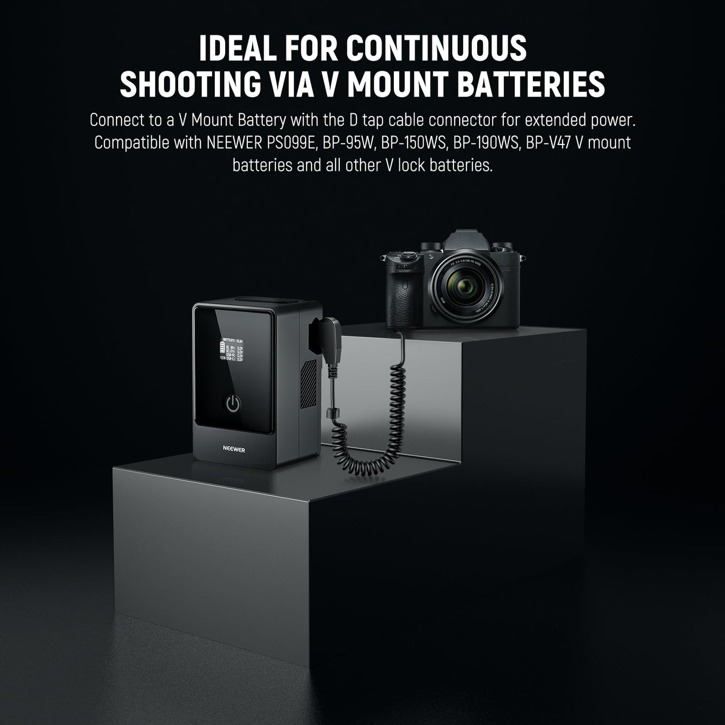 NEEWER D Tap to NP-FZ100 Batería Simulada con Cable para V Mount Batería, Fuente de Alimentación Estable para Sony ZV-E1 A1 A7 III A7 IV A7C II R III IV V A7S III A9 II A6600 A6700 FX3 FX30, VP-FZ100