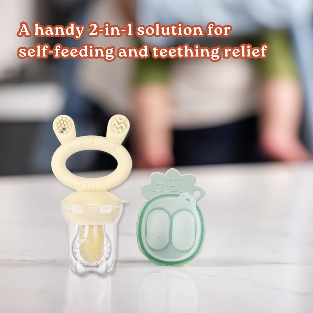 Haakaa Freeze-N-Feed Mini Combo con alimentador de comida de silicona y bandeja de mordisqueo mini de silicona | Alimentador de alimentos sólidos para bebés | Molde de almacenamiento y alimentador de