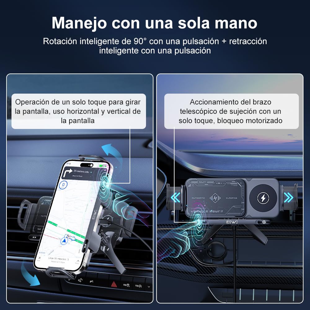 JESWO mag Safe Cargador Inalámbrico para Auto 15W, Soporte Celular Automóvil con Botón de Liberación y Botón de Giratorio 90°, Uso con Una Sola Mano para iPhone 16/15/14/13 Pro MAX, Galaxy S23 Ultra
