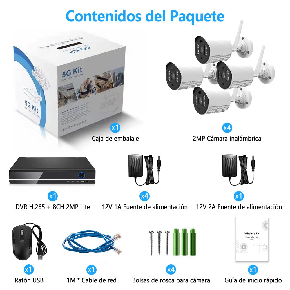 Kit de Cámara de Seguridad EASYTAO Blanco 8CH 2MP WiFi NVR con 4 Cámaras Visión Nocturna Impermeable