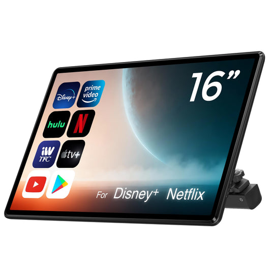 Monitor de Coche Android 13 Negro 16 Pulgadas con Entretenimiento Asiento Trasero y Sincronización Teléfono Inalámbrico
