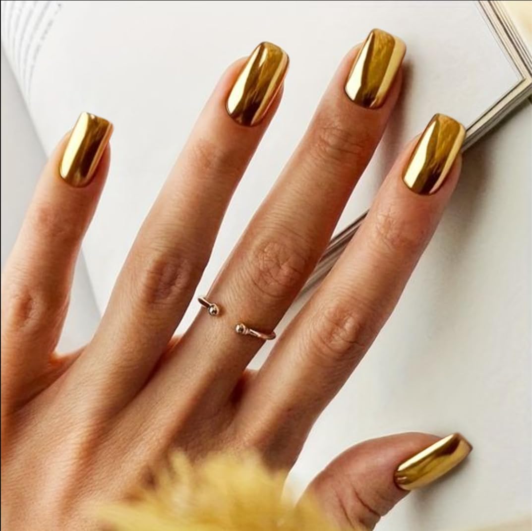 Sxvme Uñas Postizas De Metal Dorado Con Efecto Espejo, Uñas Postizas Cuadradas Cortas Y Medianas, Uñas De Gel Esmaltadas En Cromo, Uñas Acrílicas, Uñas Postizas Grues Oro Cuadrado 0,04 Onzas (Paquete