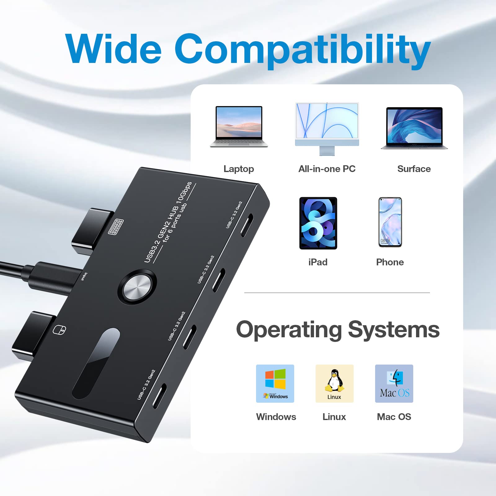 Concentrador USB C de 10 Gbps, divisor USB C de 6 puertos, concentrador USB C a USB C para PC, portátil, MacBook Pro/Air, iMac, Surface Pro, Chromebook, etc. (Solo compatible con carga/monitor)