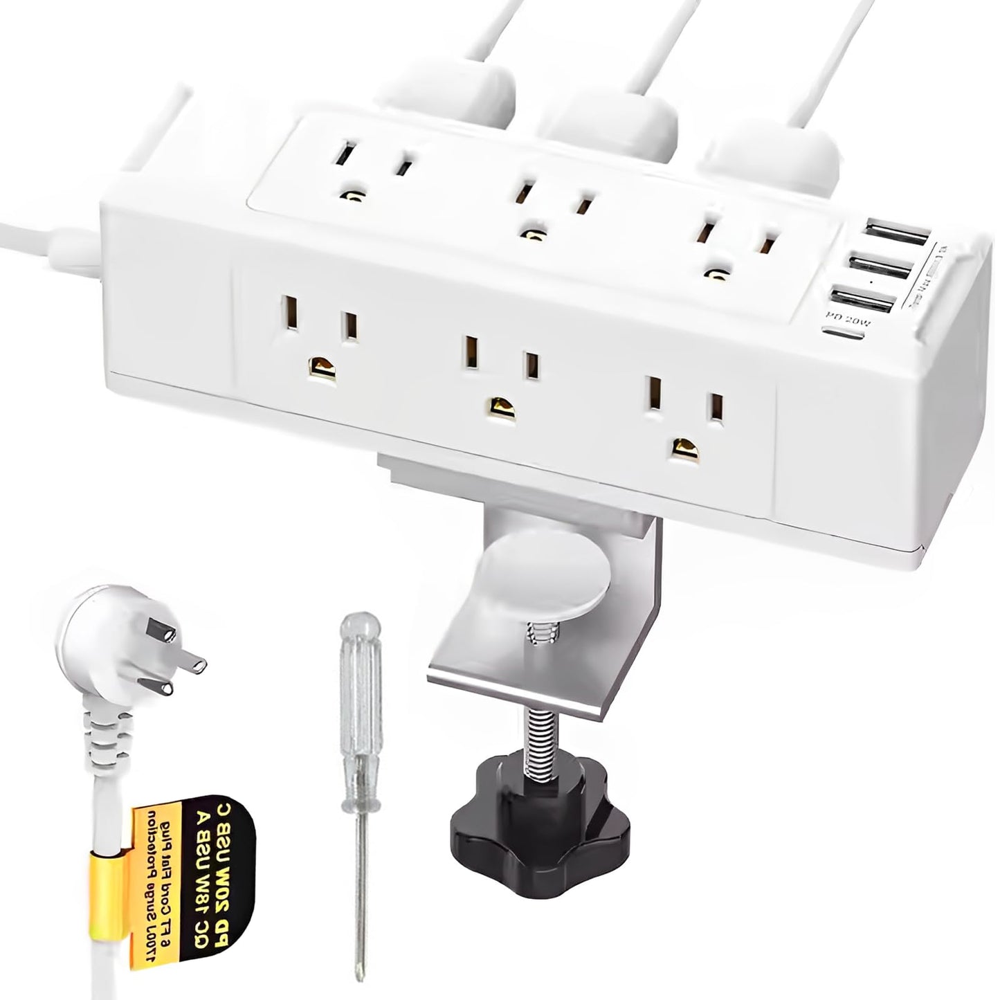 TDVCVZSD 13 en 1 Regleta con Clip para Escritorio, Protector contra sobretensiones USB-C con 9 Salidas de CA y 4 USB (1 USB C), Cable de Enchufe Plano 1,8 m para Dormitorio, casa, Oficina