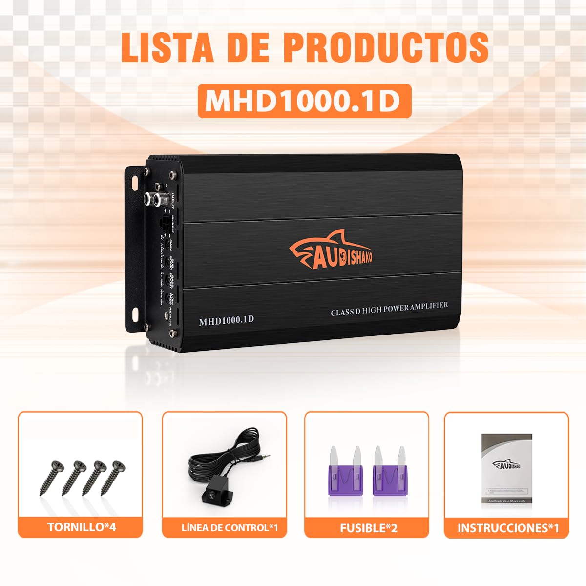 AUDISHAKO 2000W Amplificador de Audio para Coche de 1 Canal,Amplificador para Auto de Clase D, 2 Ohm 500W Subwoofer Amplificador para Motocicletas, Coches Deportivos y Otros Sistemas de Audio