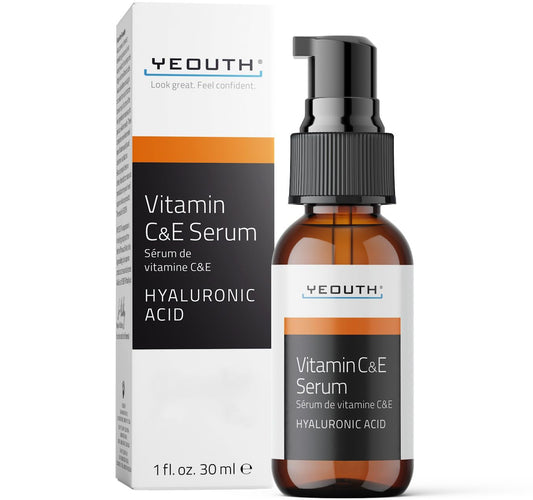 YEOUTH Suero Facial de Vitamina C con Ácido Hialurónico y Vitamina E, Vegano, Suero Antimanchas y Antiarrugas para el Rostro, Apto para Dermaroller, Combo con Hidratante Crema Solar Facial 30ml