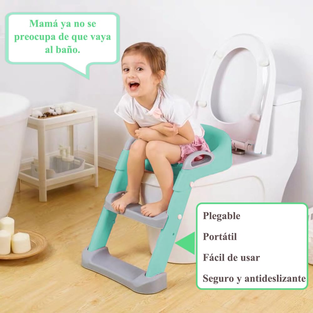Jiula Asiento Entrenador para Baño con Escalera Antideslizante, Baño Entrenador Niño, Plegable Escalera para Baño Niños, Fácil de Guardar, Asiento Ergonómico, Edad de 3 a 10 Años, Tapizado, Verde