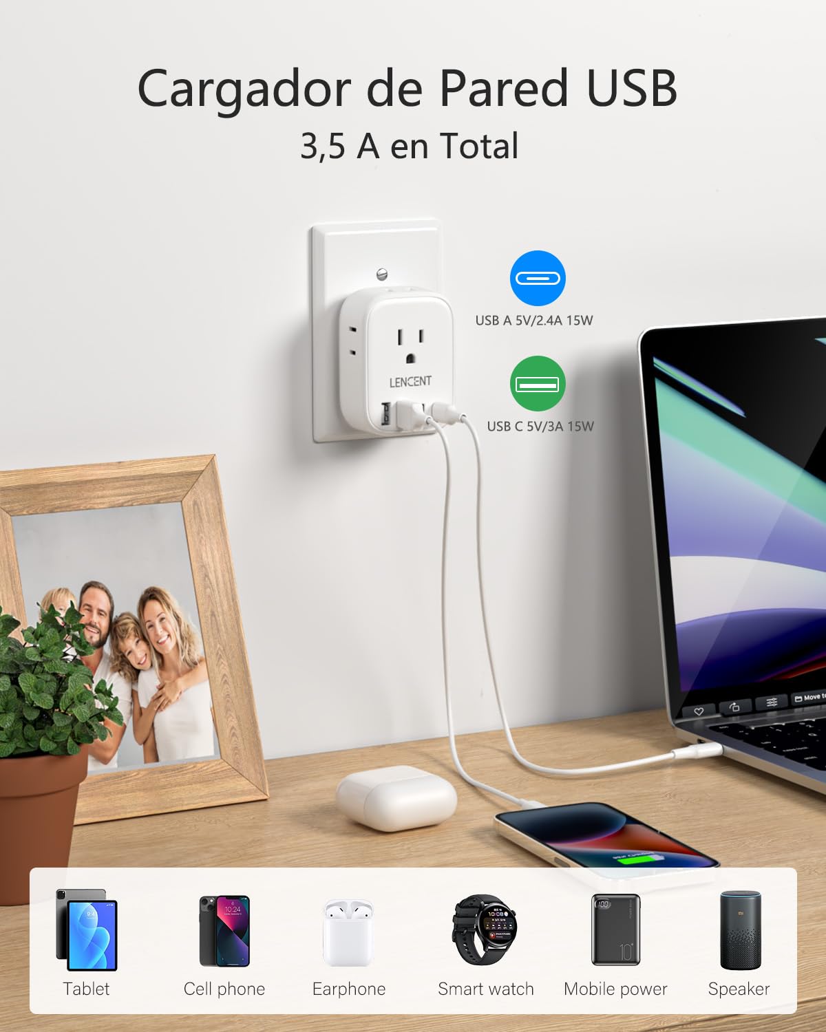 LENCENT 1X Adaptador de Enchufe Americano Tipo A, Adaptador de 3 a 2 Clavijas con Enchufe Polarizado, Cargador con 4 Salidas CA&4 USB (2 USB C), Extensor de Enchufe de 2 Clavijas sin Toma de Tierra