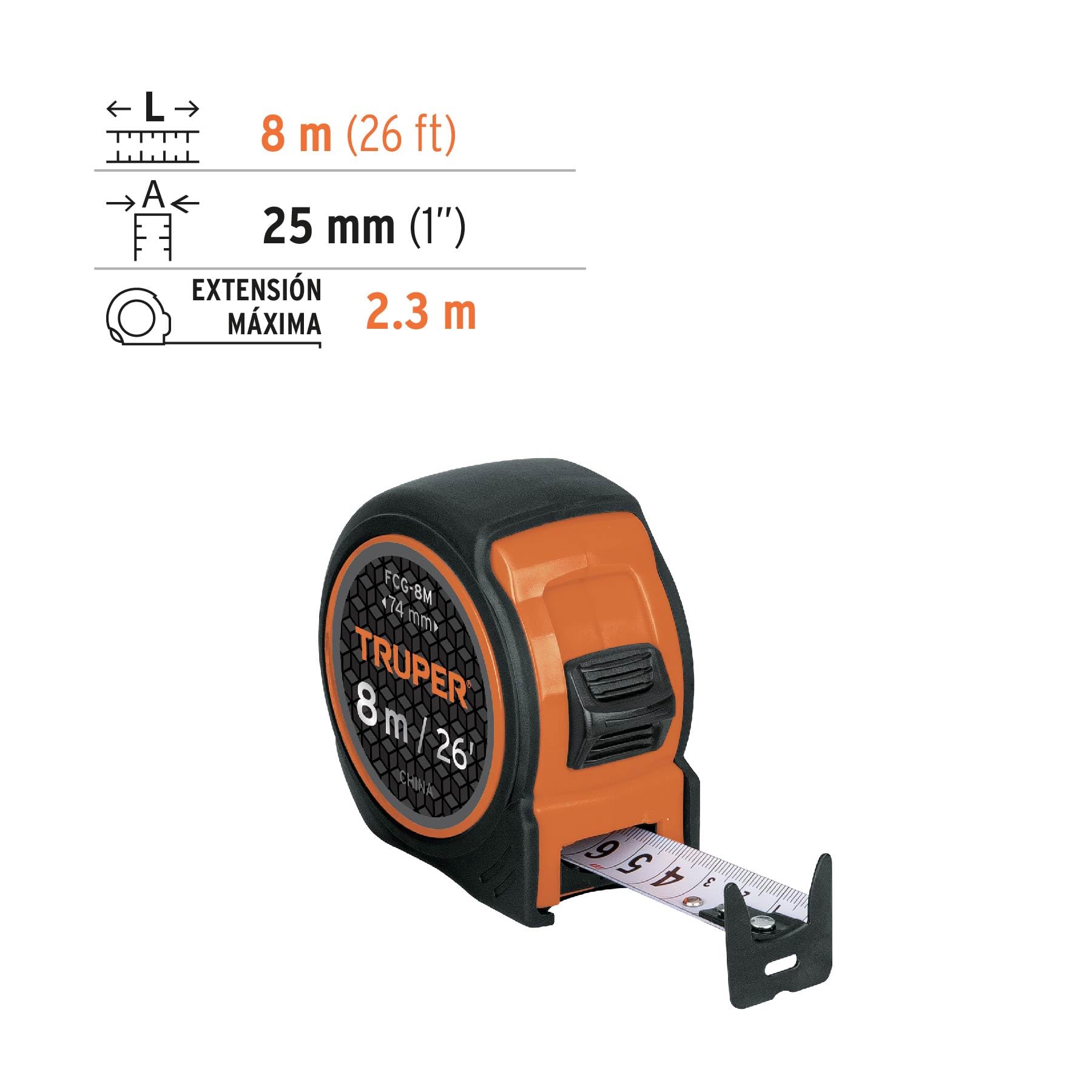 Flexómetro Compacto Truper Naranja 8 m Cinta 25 mm contra Impactos