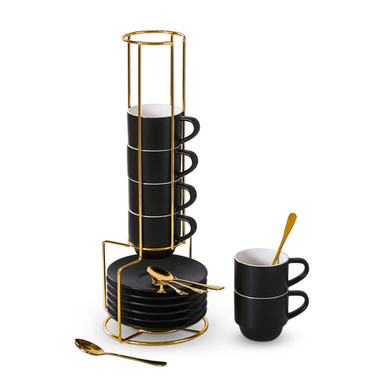 Lareina - Juego de 6 tazas de café apilables de porcelana con platillos, cucharas y soporte de metal de 3 onzas, tazas de café de capuchino pequeñas, tazas de demitasse de cerámica para lungo