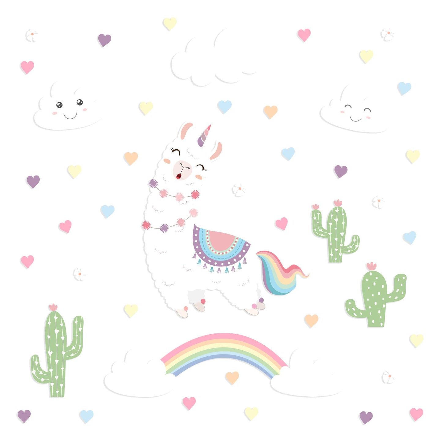 Calcomanías de pared con diseño de unicornio de llama blanca y corazones para habitación de niñas, niños y calcomanías