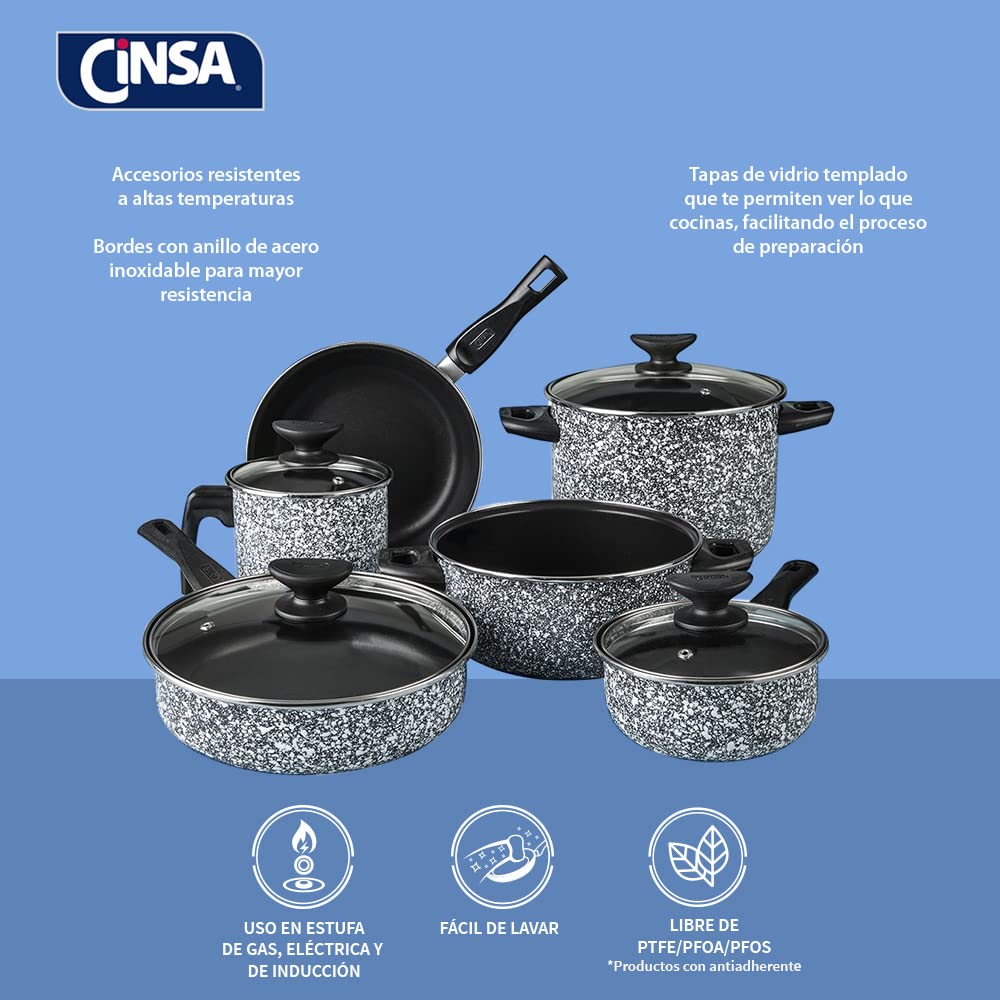 Cinsa Batería de cocina Granito Blanco con Negro 10 piezas, Peltre pesado con antiadherente, Tapas de vidrio templado. (Blanco con negro)