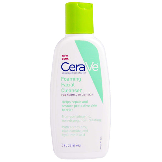 CeraVe Limpiador facial espumoso | 3 fl. Oz Travel Size | Lavado facial diario para piel grasa | Sin fragancia