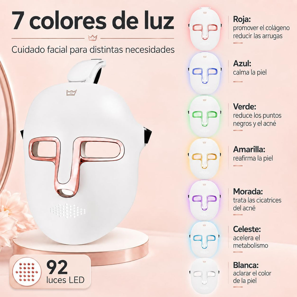 QKIIINQ Máscara facial led terapia de luz, Máscara facial led de 7 colores, Terapia de luz, Eliminación de Acné, Para uso doméstico y en salones de belleza