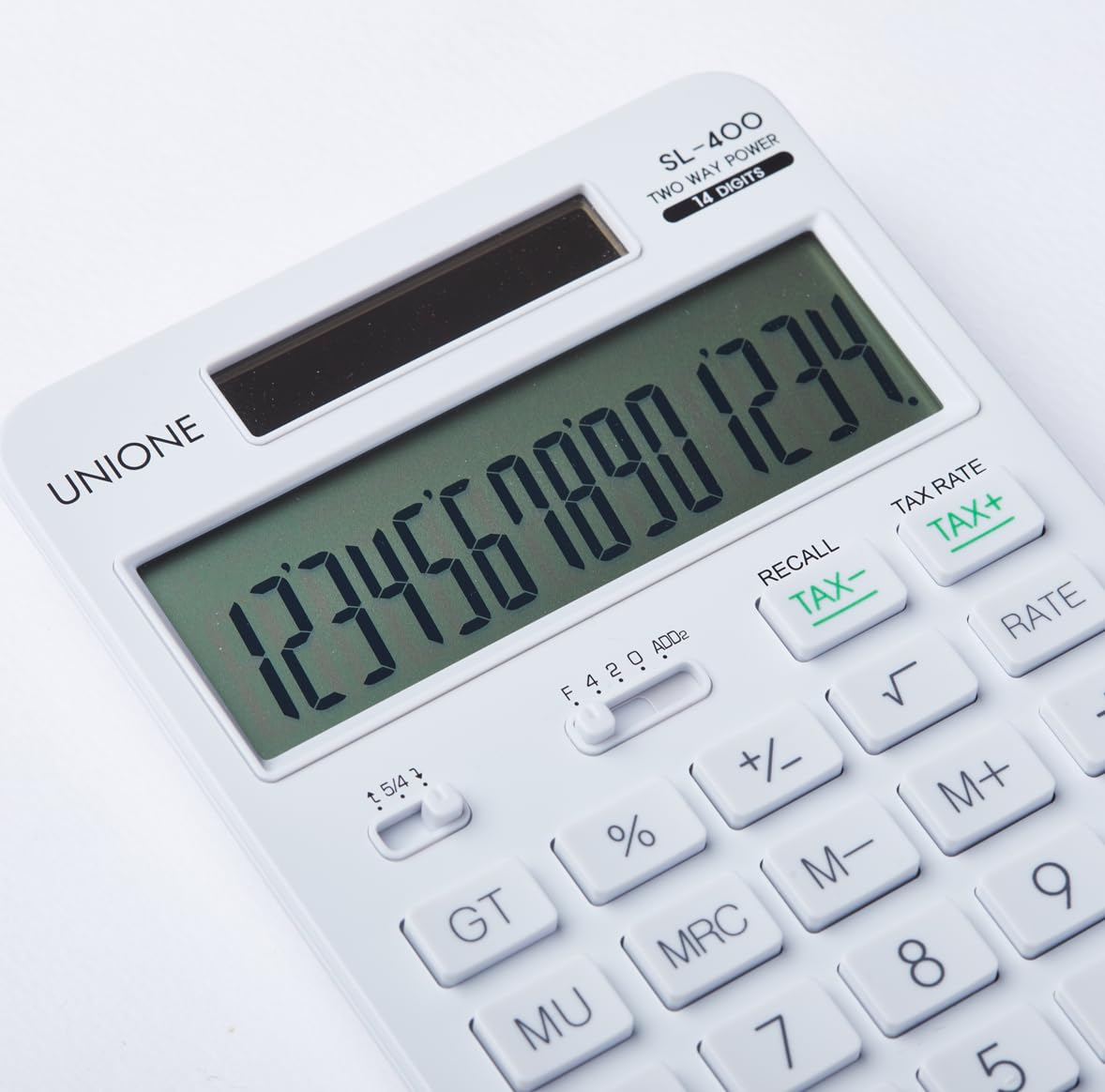 Calculadora UNIONE blanca de 14 Dígitos con Pantalla LCD Brillante para Negocios, Oficina y Escuela Secundaria