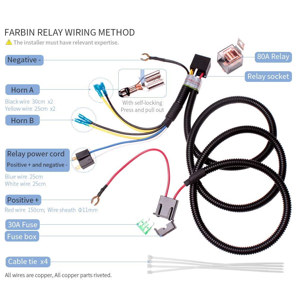 FARBIN - Bocinas de coche de 12 V, tono alto, tono bajo, metal, doble con arnés de relé, universal para camión, coche, motocicleta (blanco con arnés de cableado)