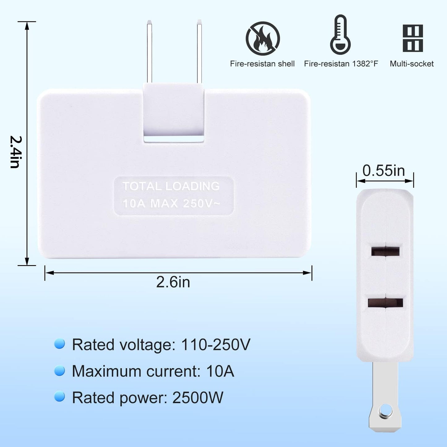 Paquete de 3 extensores de enchufe de pared planos AC con adaptador de enchufe plano, adaptador de pared plegable de 3 vías Mani Plug para hogar y viajes (blanco)