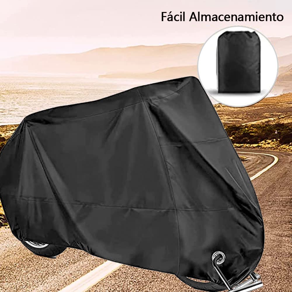 Funda para Motocicleta Cubierta de Moto Impermeable - Tejido de Poliéster Recubierto 190T, 230 x 95 x 125 CM para Motocicletas como Honda, Yamaha, Suzuki, Harley y más (XL, Negro)