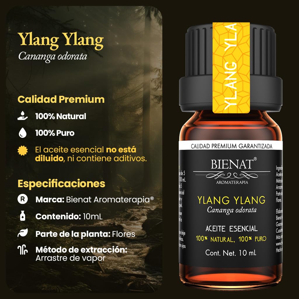 BIENAT AROMATERAPIA Aceite Esencial de Ylang Ylang 10mL | 100% Puro y Concentrado | Ideal para Difusor de Aromas, Humidificador, Aromaterapia, Masajes, Meditación, Jabones y Velas | Esencia Natural en Gotas