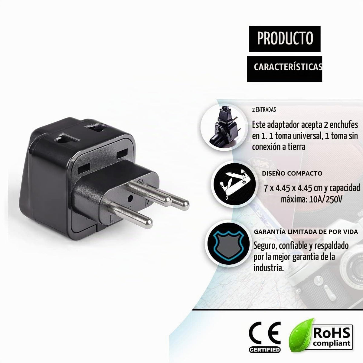 Adaptador de Enchufe Tipo J Orei Negro 2 en 1 USA a Suiza Pack de 4