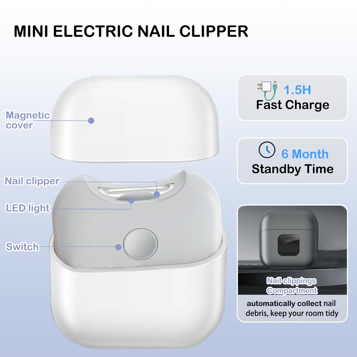 Mini cortaúñas eléctrico, recortadora automática de uñas con luz LED y almacenamiento de restos de uñas, recortadora de uñas recargable para bebés y personas mayores (blanco)