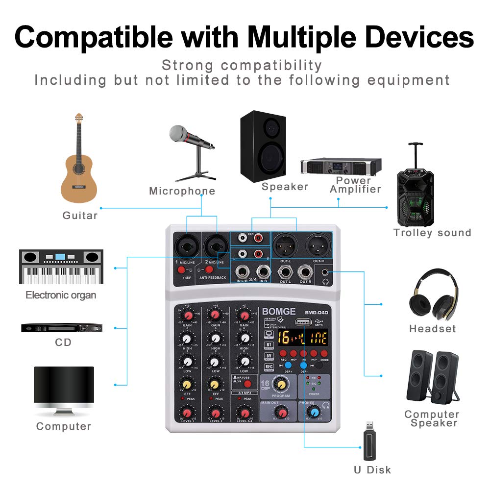 BOMGE 04D portátil Bluetooth 4 canales DJ mezclador de sonido de audio con interfaz USB, entrada de alimentación Phantom de 48 V, 16 efectos de eco para grabación, transmisión en vivo, canto (negro)