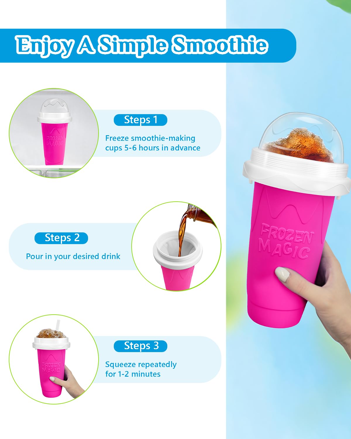 Vaso para granizados, vasos mágicos para hacer granizados, vaso portátil para jugos, leche y helado, de sílice de doble capa con tapa y pajita para niños, amigos y familiares (rosa)