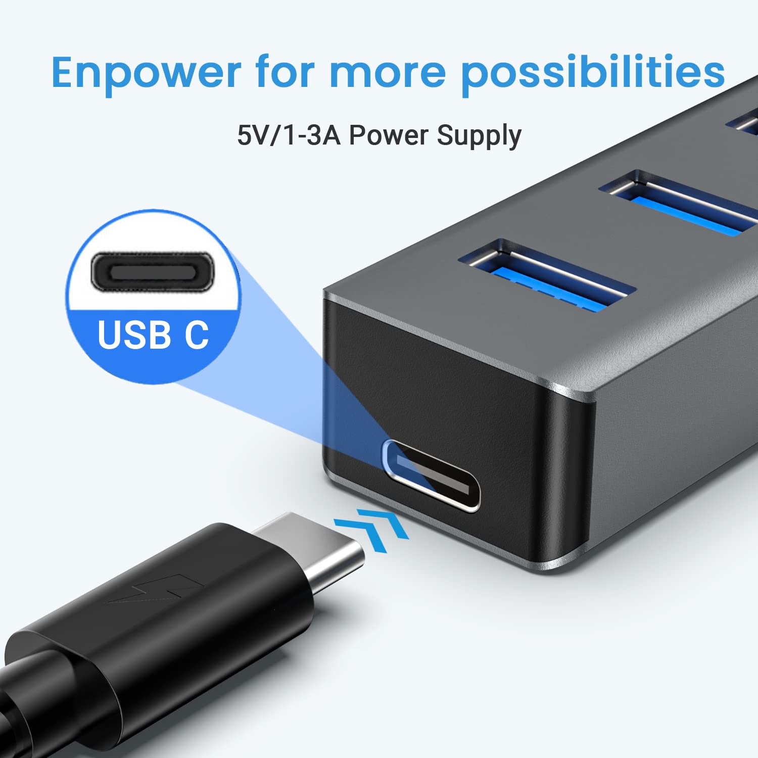 atolla Hub USB 3.0, 7 Puertos Multi USB Hub de Aluminio, Cable de Extensión de 1m Adaptador USB para PC, Portátil, Macbook Pro y más