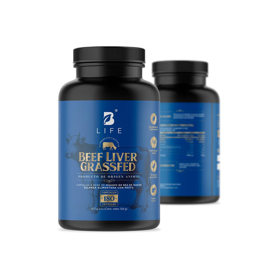 Hígado Vacuno de Res de Nueva Zelanda alimentada con pasto 180 Cápsulas 1400 mg por porción. Ingredientes 100% Naturales. Beef Liver Grassfed B Life.