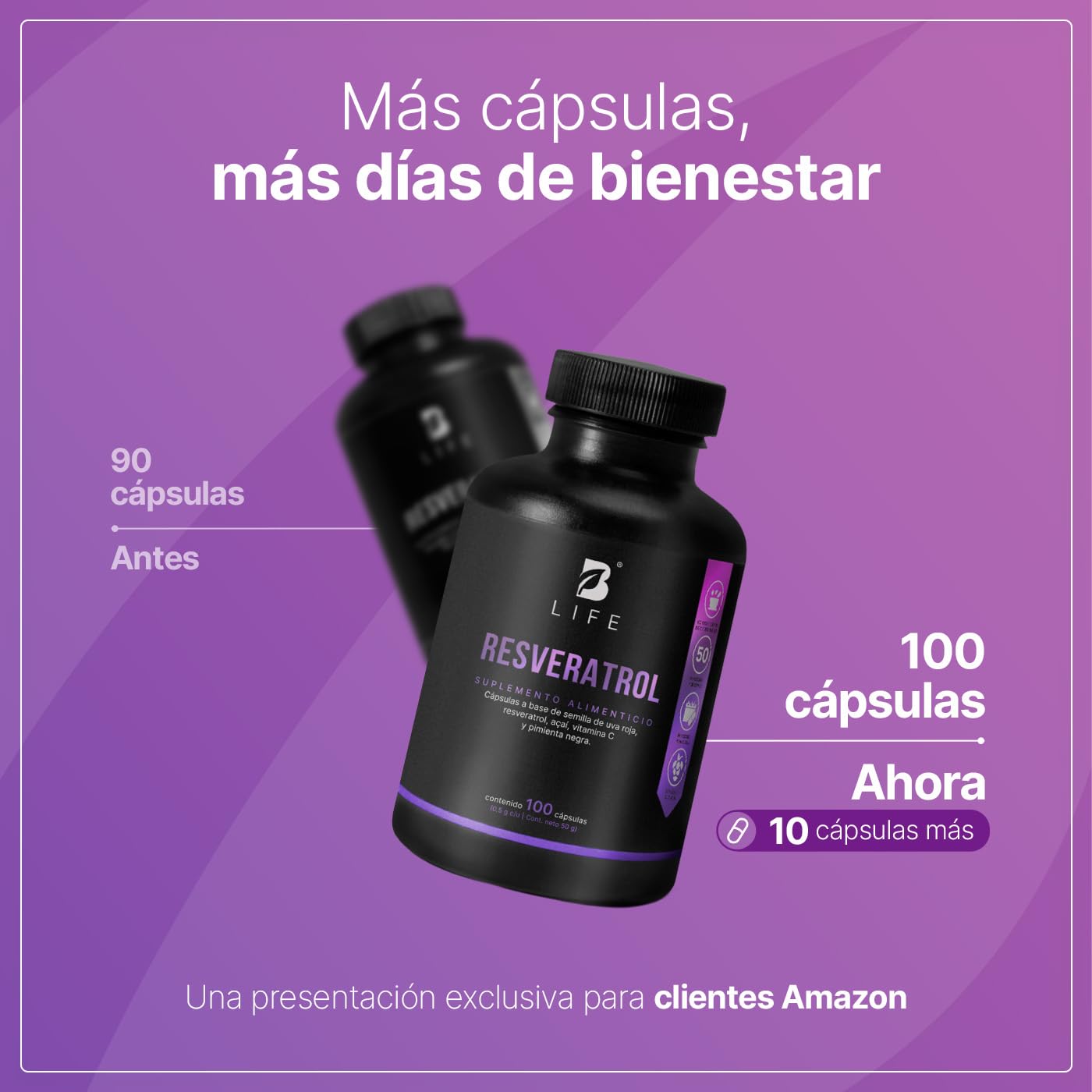 B Life Resveratrol 100 Cápsulas | Antioxidante con Pimienta negra, Uva Roja, Acai y Vitamina C |1000 mg por porción. Ingredientes Naturales.