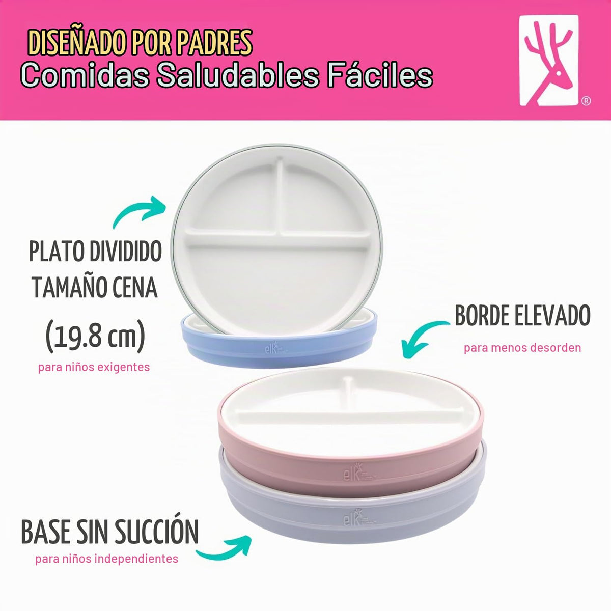 Elk and Friends - Platos blancos de porcelana para niños de 7.8 pulgadas con mangas de silicona, platos divididos, adecuados para niños/niños pequeños, aptos para microondas y lavaplatos,