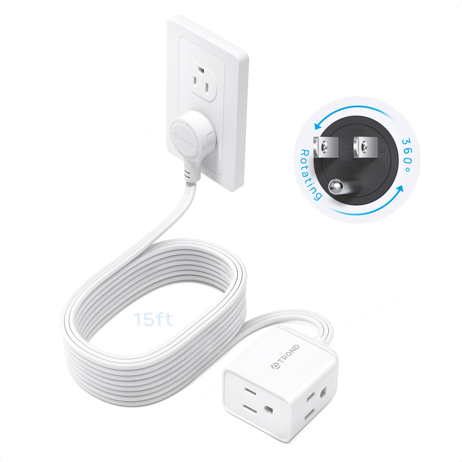 TROND Cable de Extensión 15 Pies - Enchufe Giratorio 360°, Tomas de 3 Puntas con Tierra, 13A, Cable SPT 16/3 AWG, Ideal para Hogar, Oficina, Cocina, Cruceros y Viajes, Blanco.