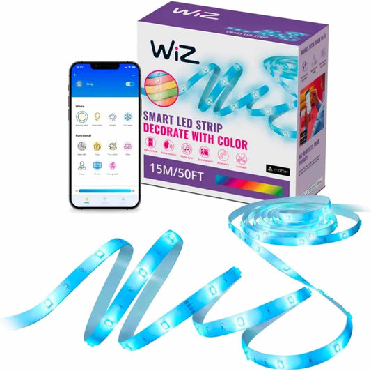 Tira de Luz LED WiZ RGB 50 Pies Ajustable 16 Millones de Colores y Tonos Blancos Conectividad Wi-Fi Control Voz y App