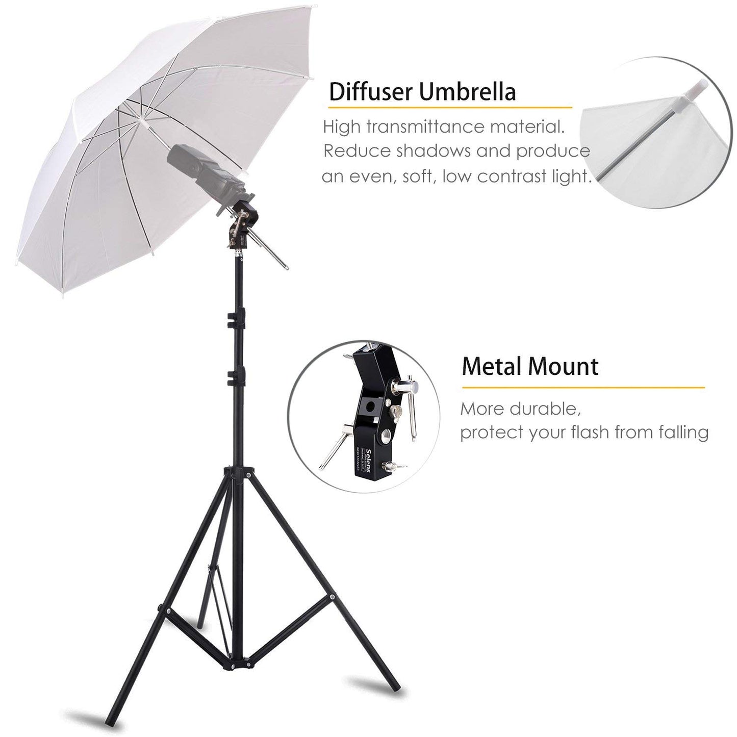 Selens Photo Umbrella Kit 33"/84cm White Soft Umbrella with Light stand and Metal Flash Bracket Mount for Portrait Photography, Studio and Video Lighting
