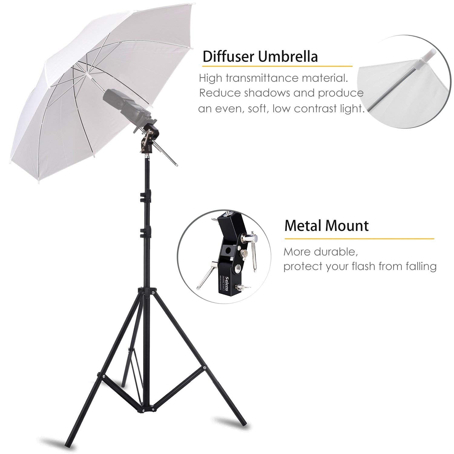 Selens Photo Umbrella Kit 33"/84cm White Soft Umbrella with Light stand and Metal Flash Bracket Mount for Portrait Photography, Studio and Video Lighting