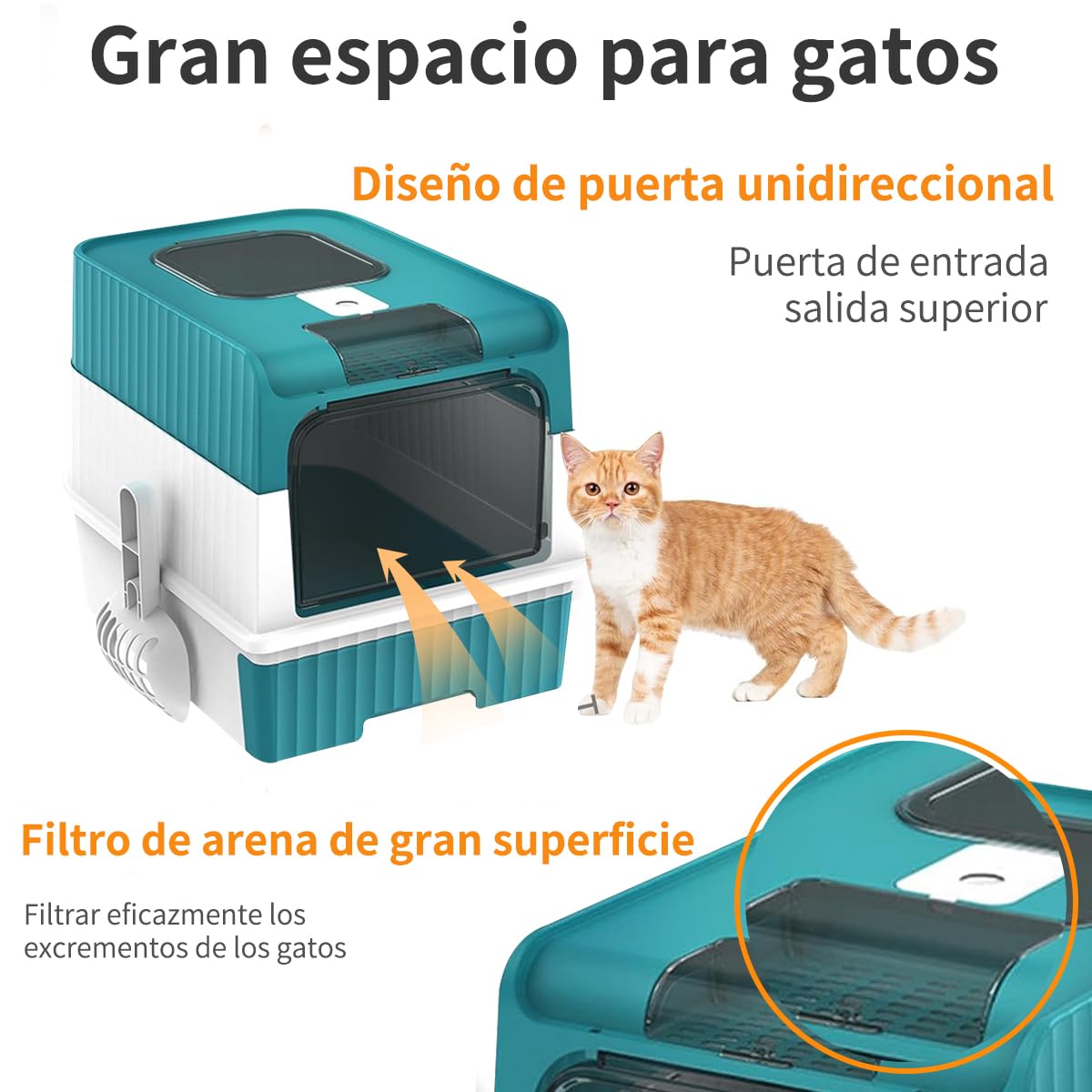 BNFU Caja de Arena para Gatos Plegable,50×35×15CM Grande Cerrado Plástico Orinal para Gato,Equipada con luz Ultravioleta y Pala para Arena, fácil de Limpiar, a Prueba de olores y Salpicaduras