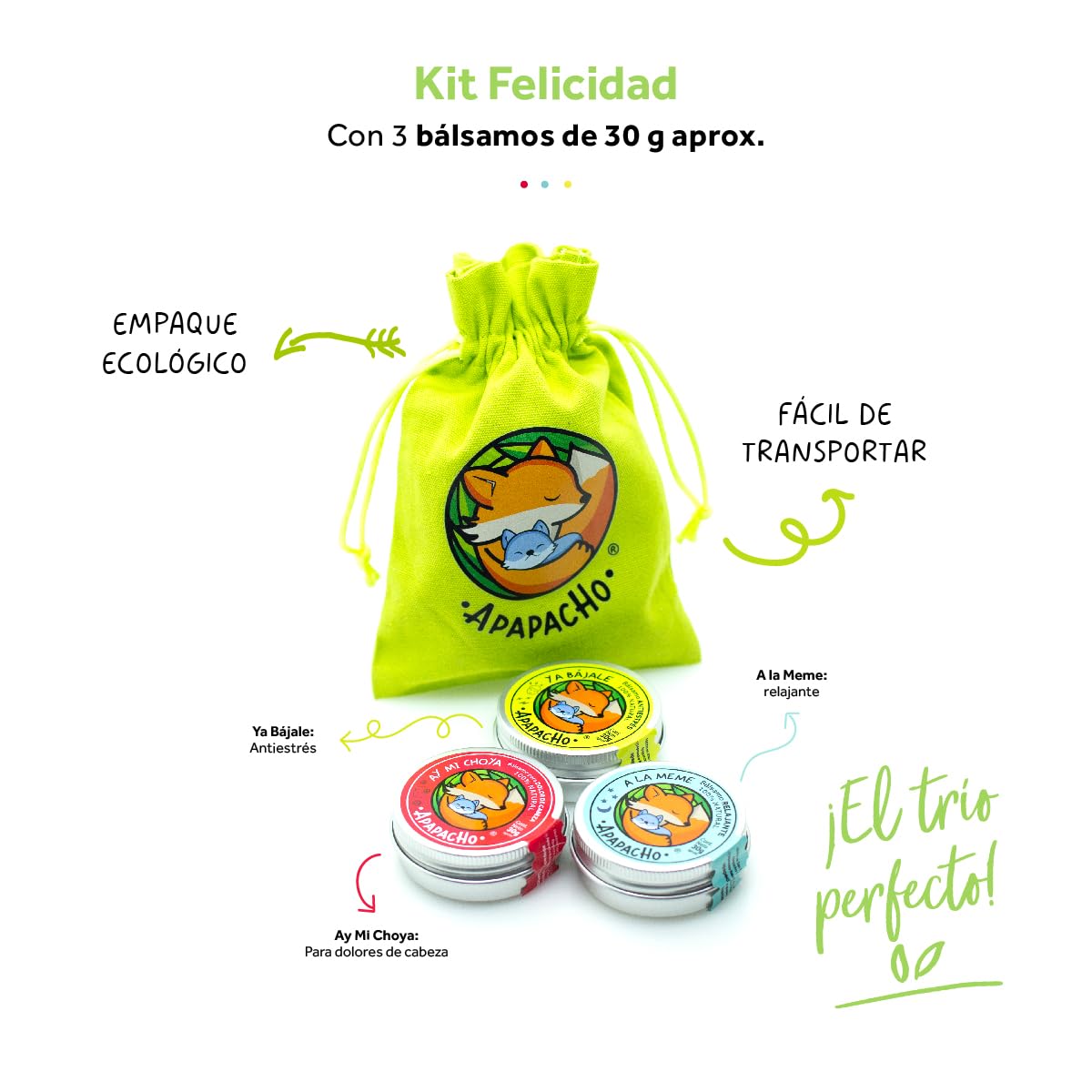 Apapacho Bálsamos Kit Felicidad 3 bálsamos de 30gr c/u