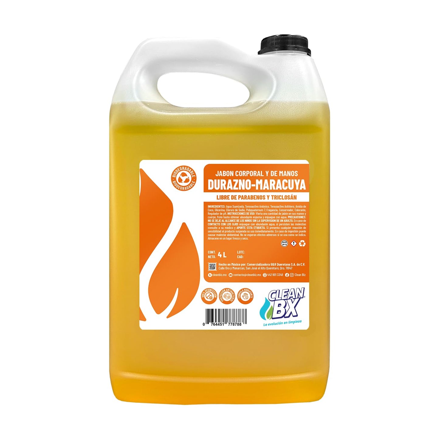 Jabón Líquido Para manos y Cuerpo Aroma Durazno-Maracuya 4L | Aroma Relajante, Hidratante y Uso Diario