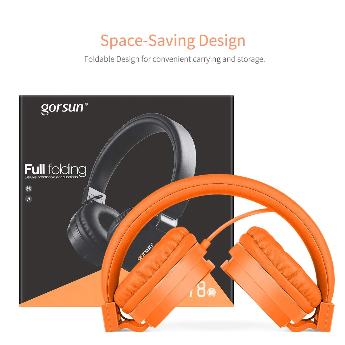 Gorsun lightweight stereo kids headphone Adjustable Headband foldable on ear Headset for Cellphones Iphone Laptop Computer Earphones(Orange)